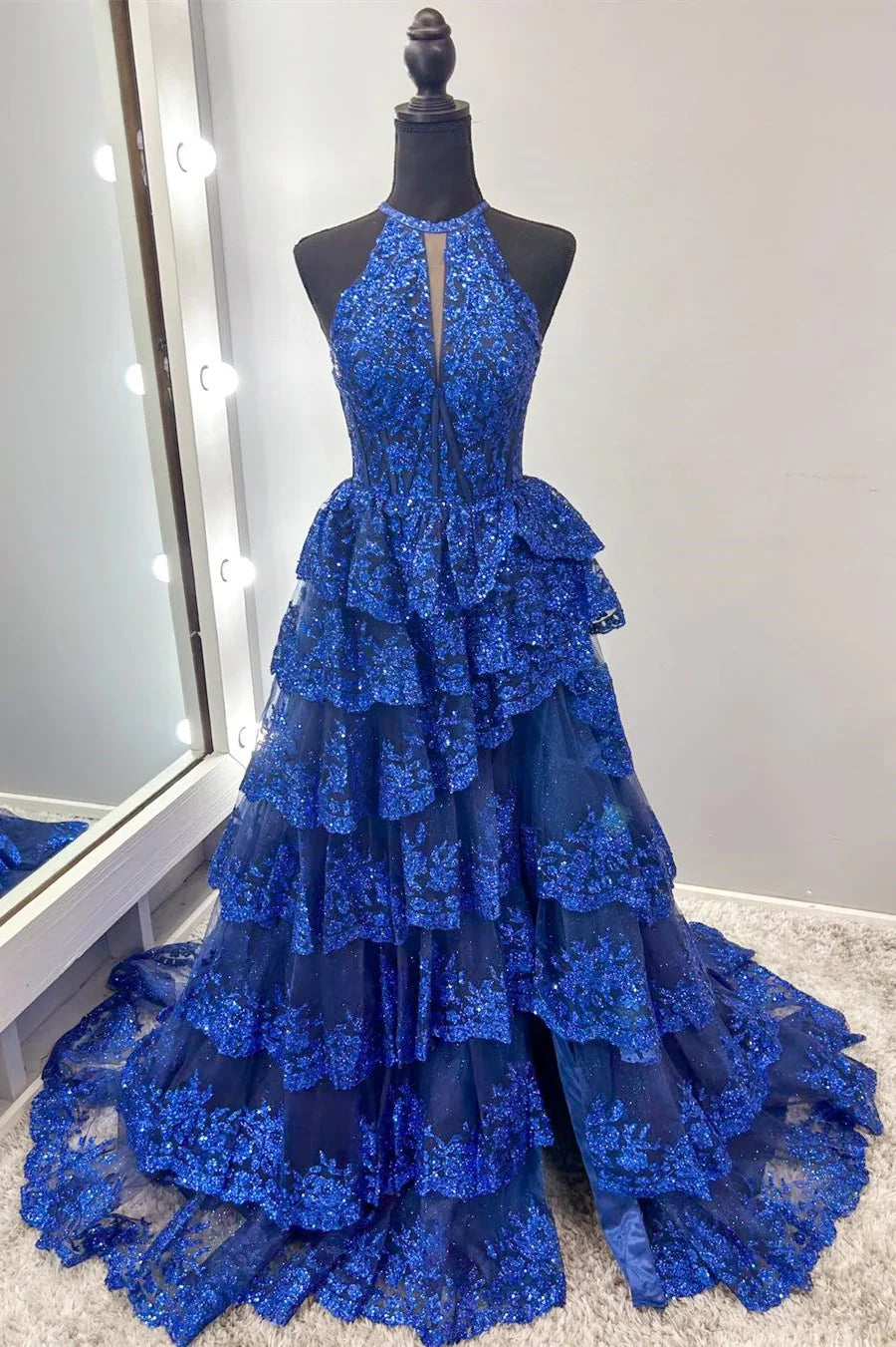 Sparkling applique ruffle layered ball gown