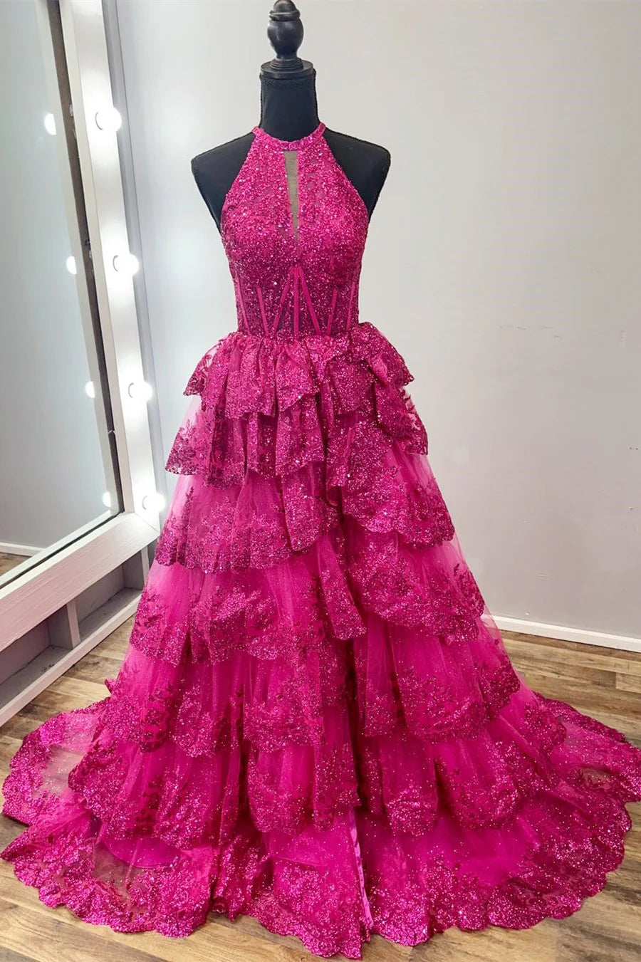Sparkling applique ruffle layered ball gown
