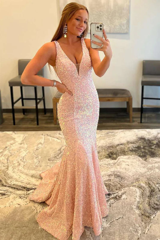 Sparkling deep V-neck sleeveless gown