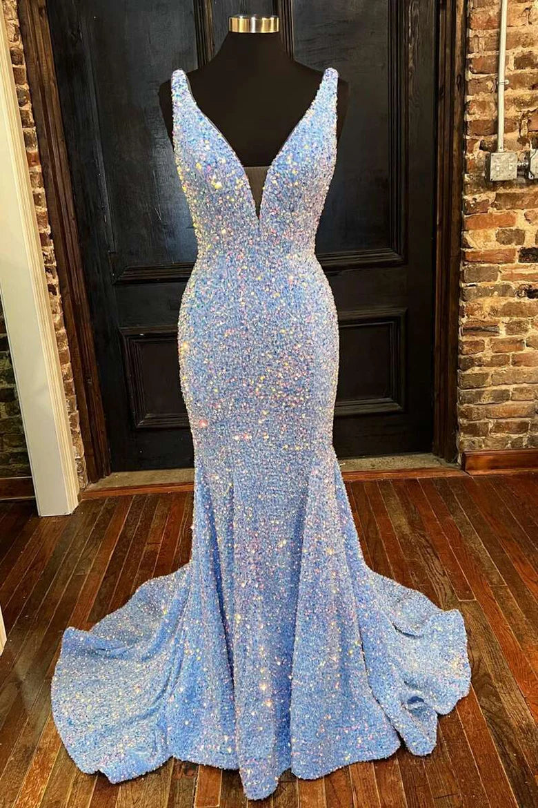 Sparkling deep V-neck sleeveless gown