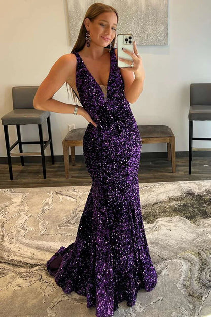 Sparkling deep V-neck sleeveless gown