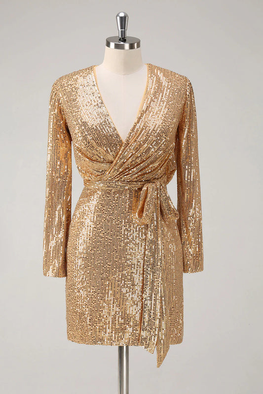 Sparkling gold V-neck short tight party dress