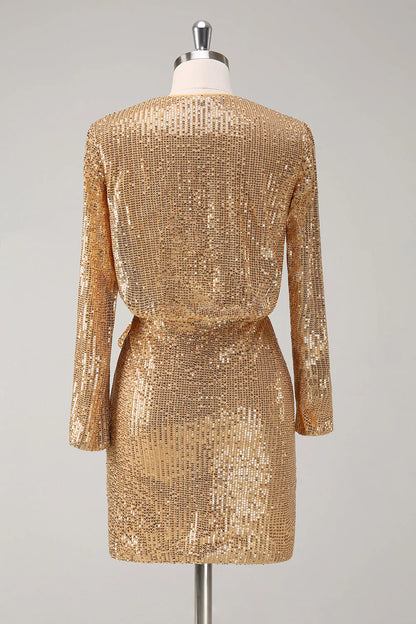 Sparkling gold V-neck short tight party dress