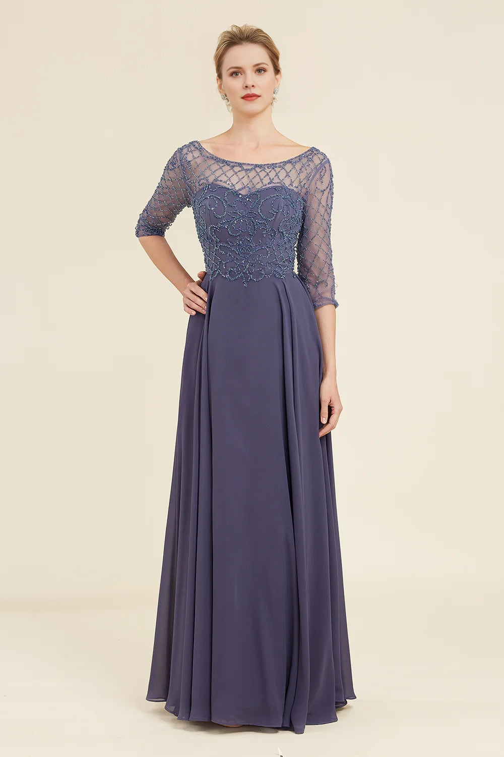 Sparkling gray blue bead round neck bridal gown