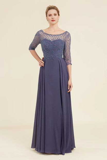 Sparkling gray blue bead round neck bridal gown
