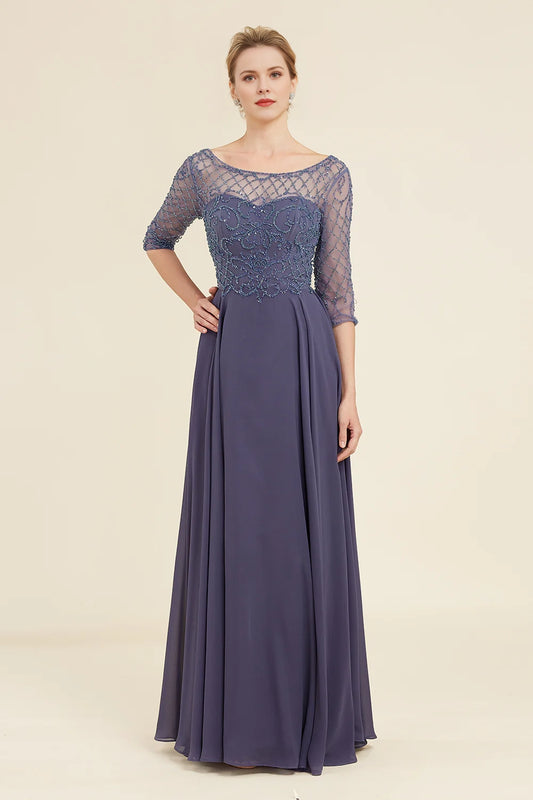 Sparkling gray blue bead round neck bridal gown