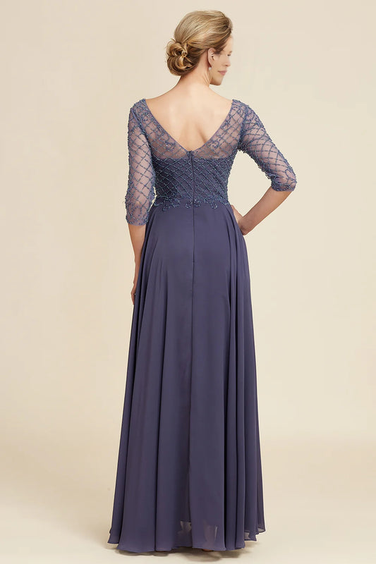 Sparkling gray blue bead round neck bridal gown