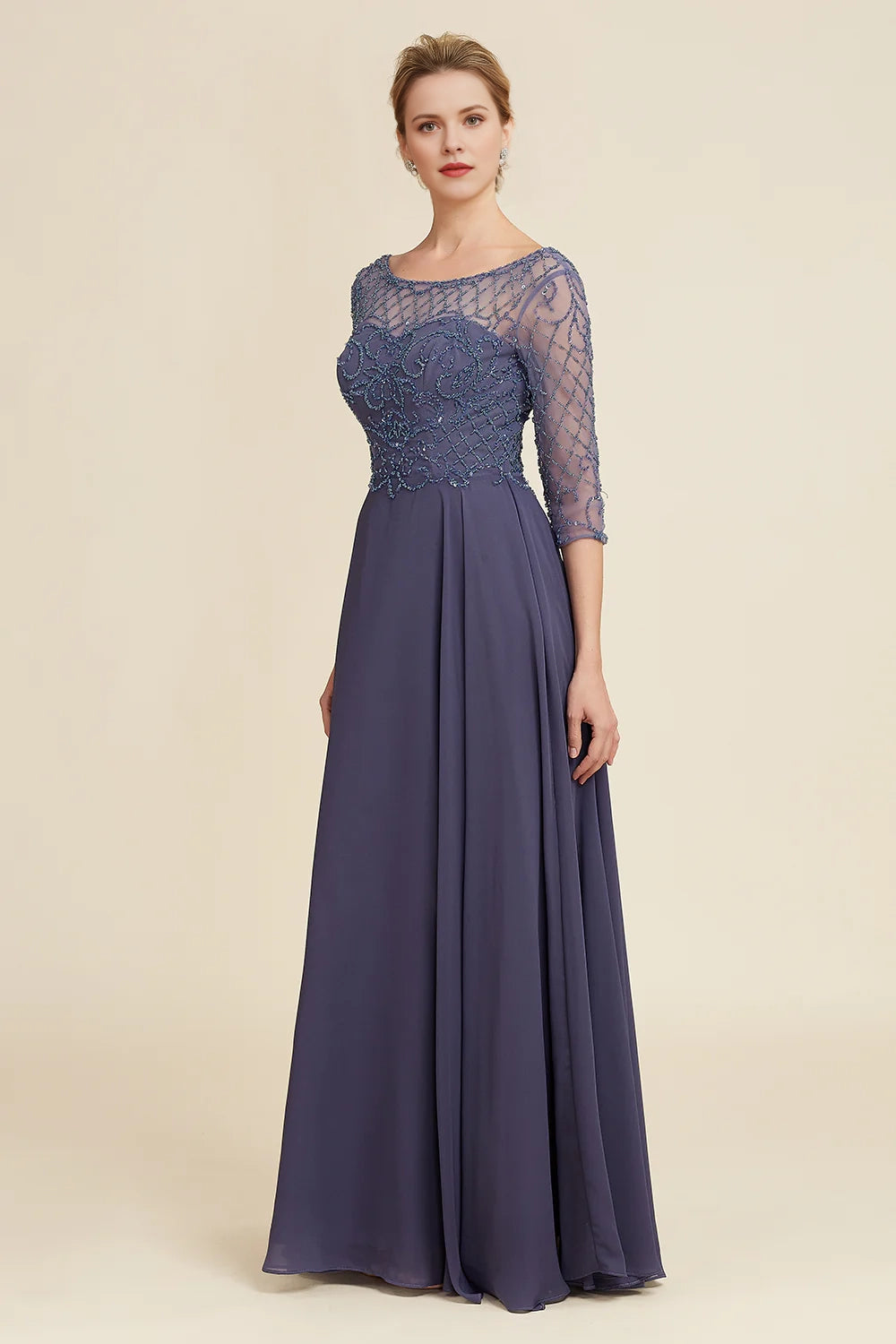 Sparkling gray blue bead round neck bridal gown