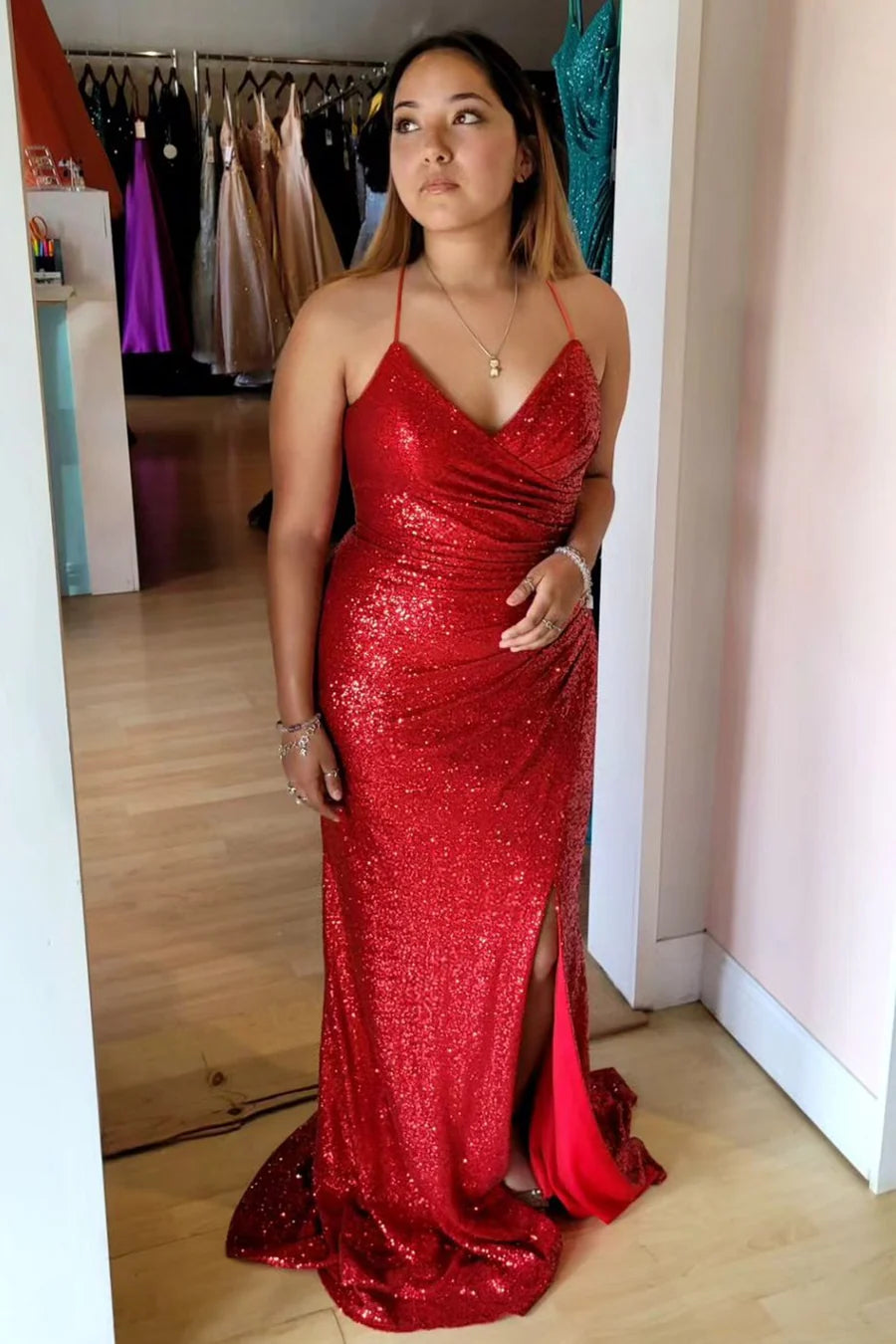 Sparkling lace up mermaid long ball dress with slit