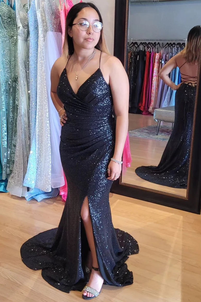Sparkling lace up mermaid long ball dress with slit