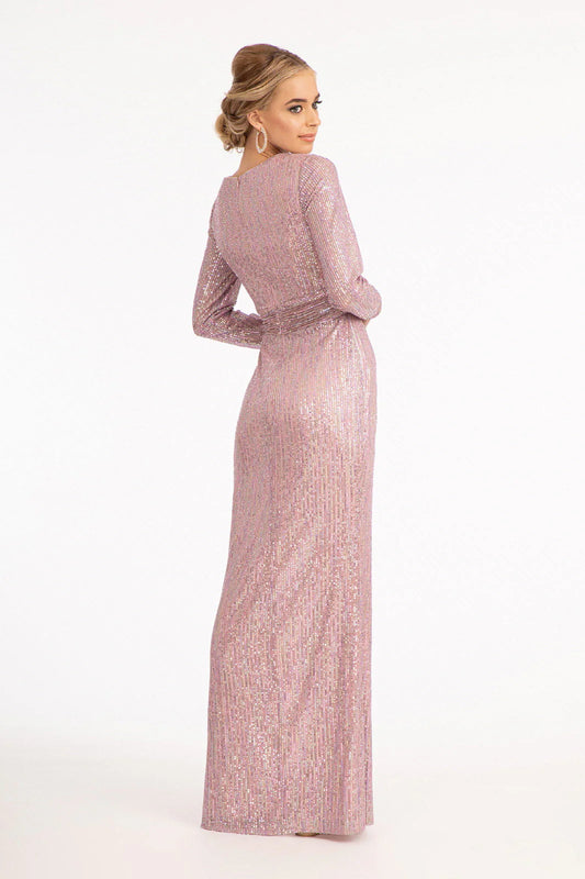 Sparkling mermaid V-neck long sleeved dress with side slit