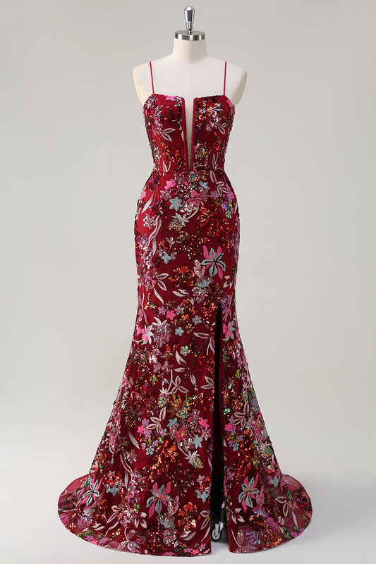 Sparkling mermaid sequin embroidered dress with slit