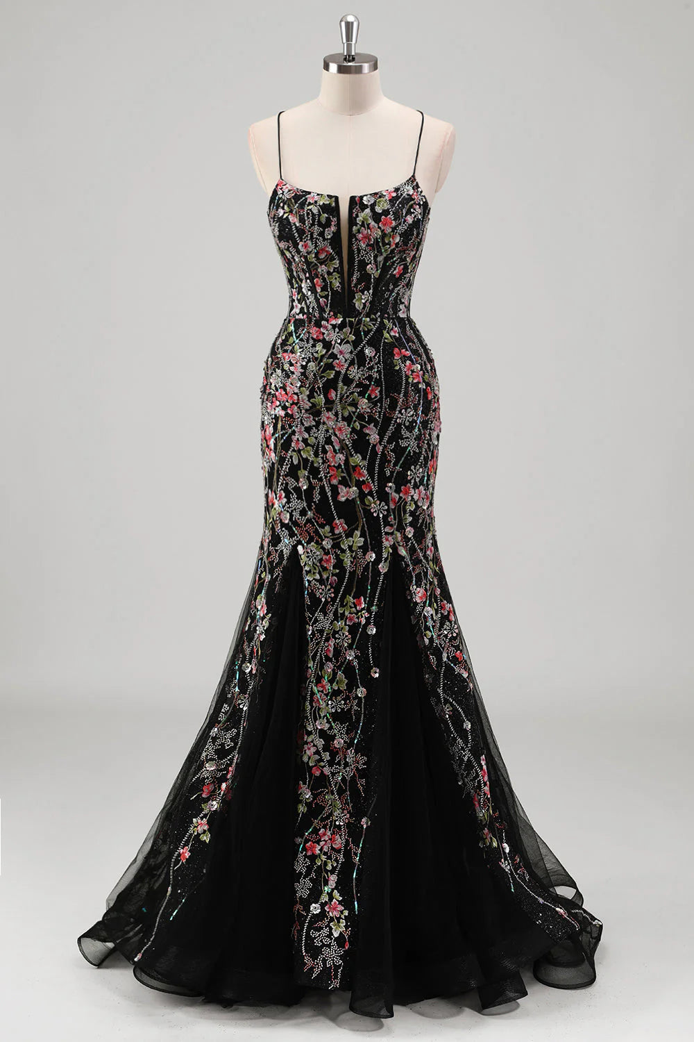 Sparkling mermaid spaghetti strap flower chiffon ball dress with beads