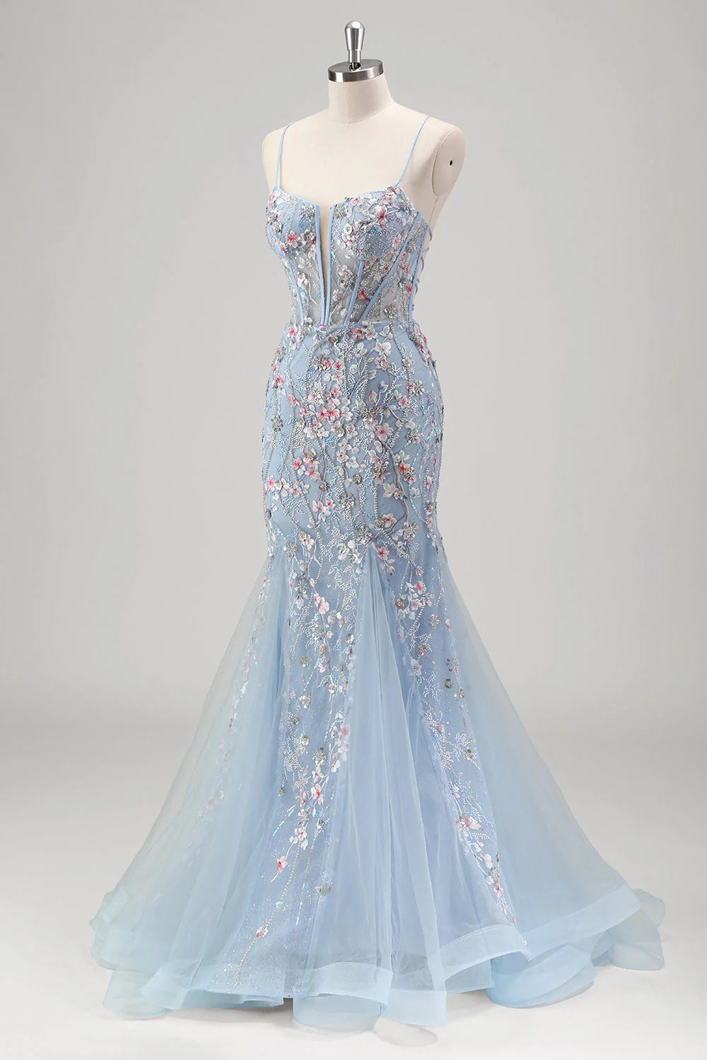 Sparkling mermaid spaghetti strap flower chiffon ball dress with beads