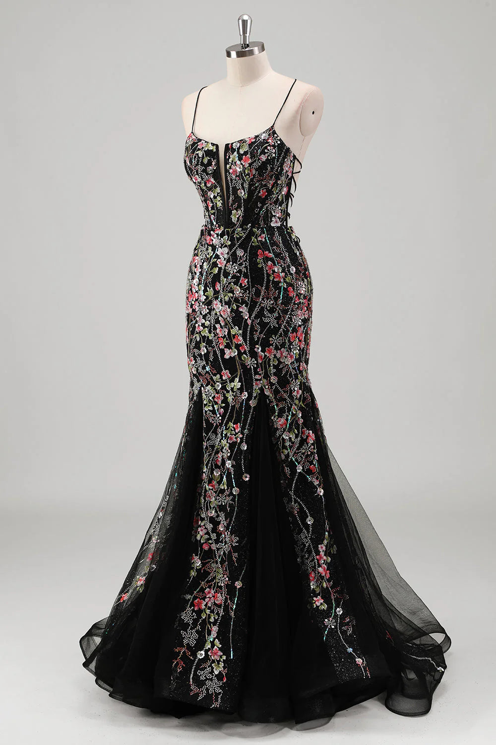 Sparkling mermaid spaghetti strap flower chiffon ball dress with beads