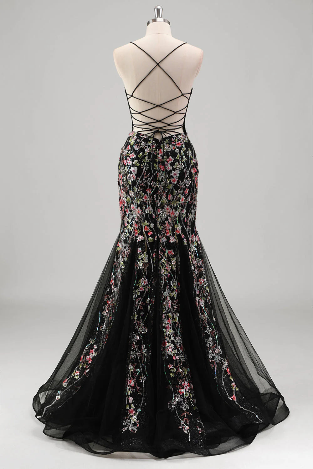Sparkling mermaid spaghetti strap flower chiffon ball dress with beads