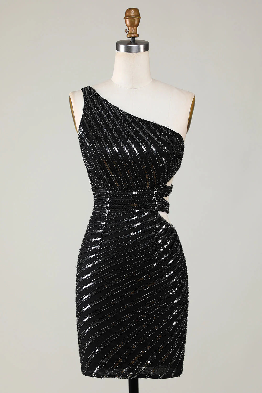 Sparkling one shoulder black sequined short back to school dress with hollowed out design