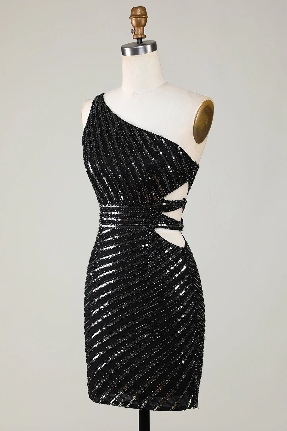 Sparkling one shoulder black sequined short back to school dress with hollowed out design