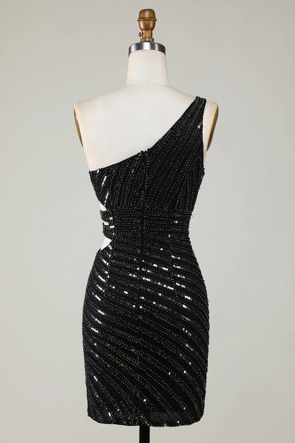 Sparkling one shoulder black sequined short back to school dress with hollowed out design