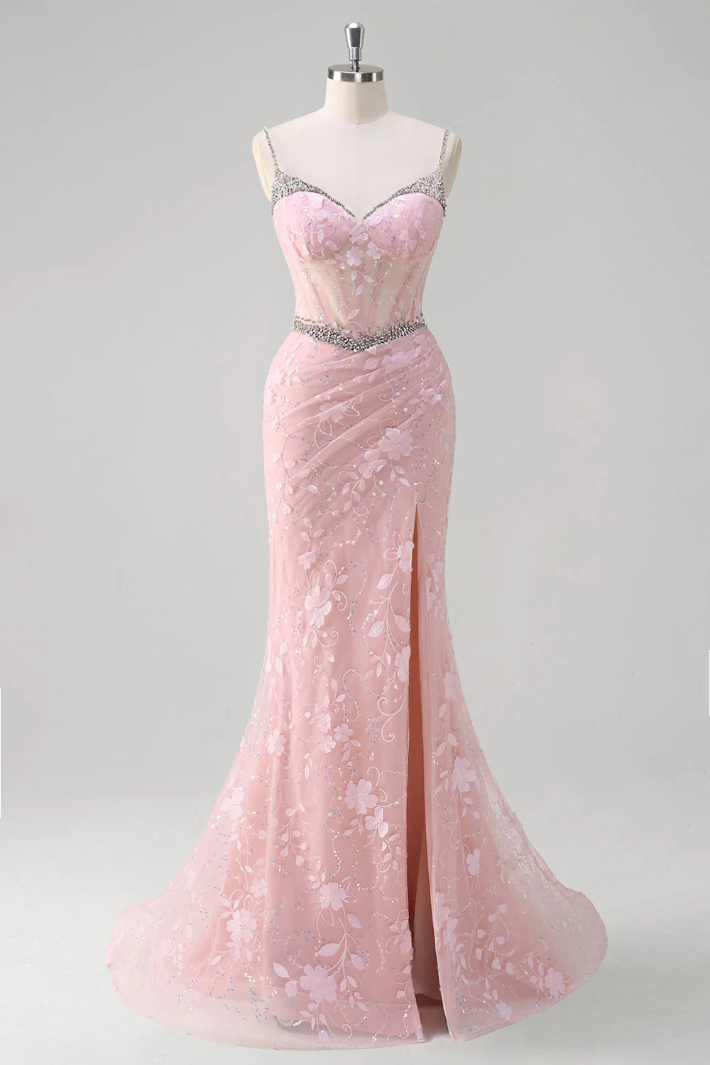 Sparkling pink mermaid pleated sequin flower tight corset long dress with slit