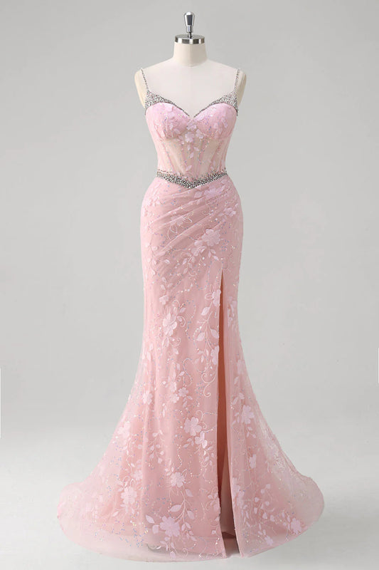 Sparkling pink mermaid pleated sequin flower tight corset long dress with slit