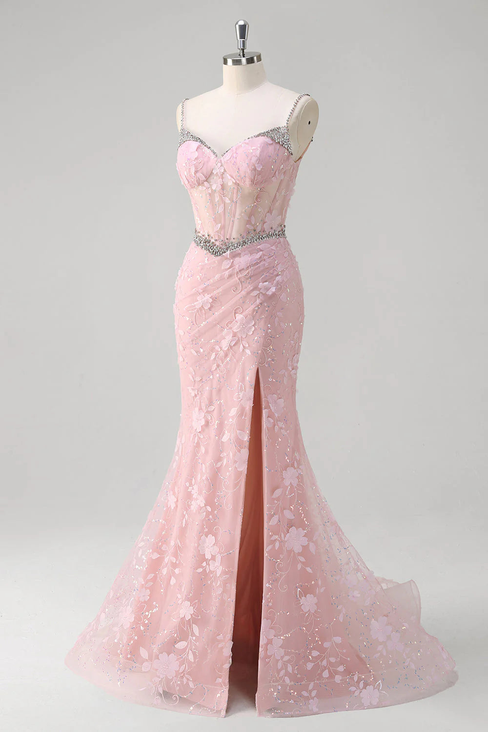 Sparkling pink mermaid pleated sequin flower tight corset long dress with slit
