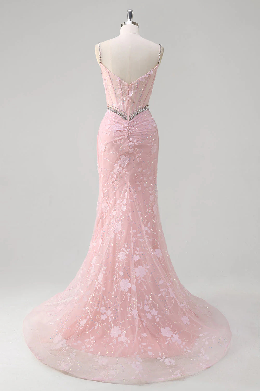 Sparkling pink mermaid pleated sequin flower tight corset long dress with slit