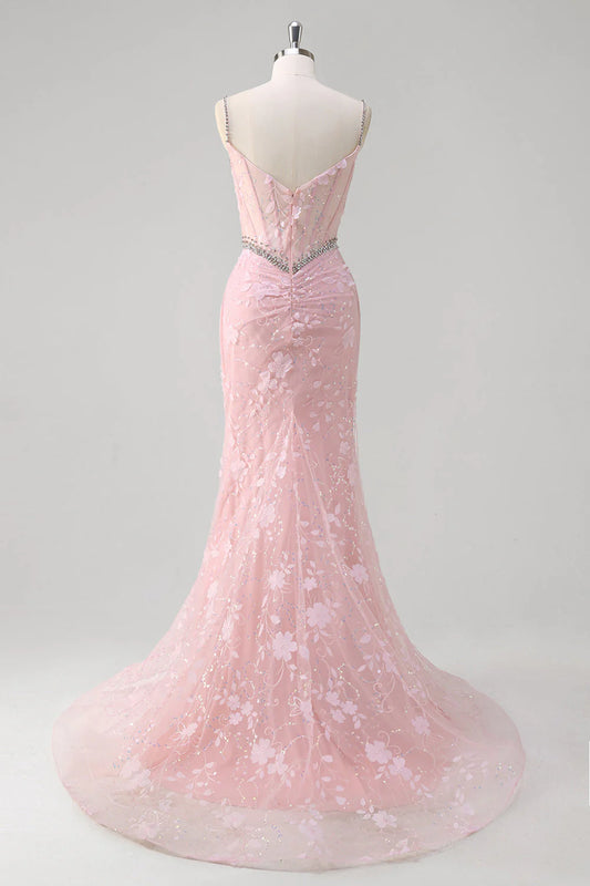 Sparkling pink mermaid pleated sequin flower tight corset long dress with slit