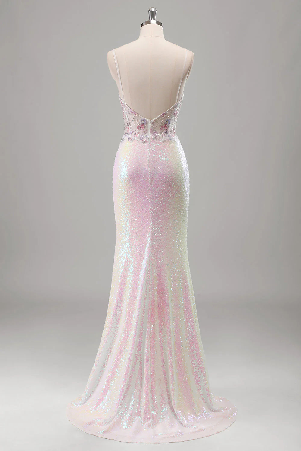 Sparkling pink mermaid sequin transparent tight corset backless long dress with floral stitching