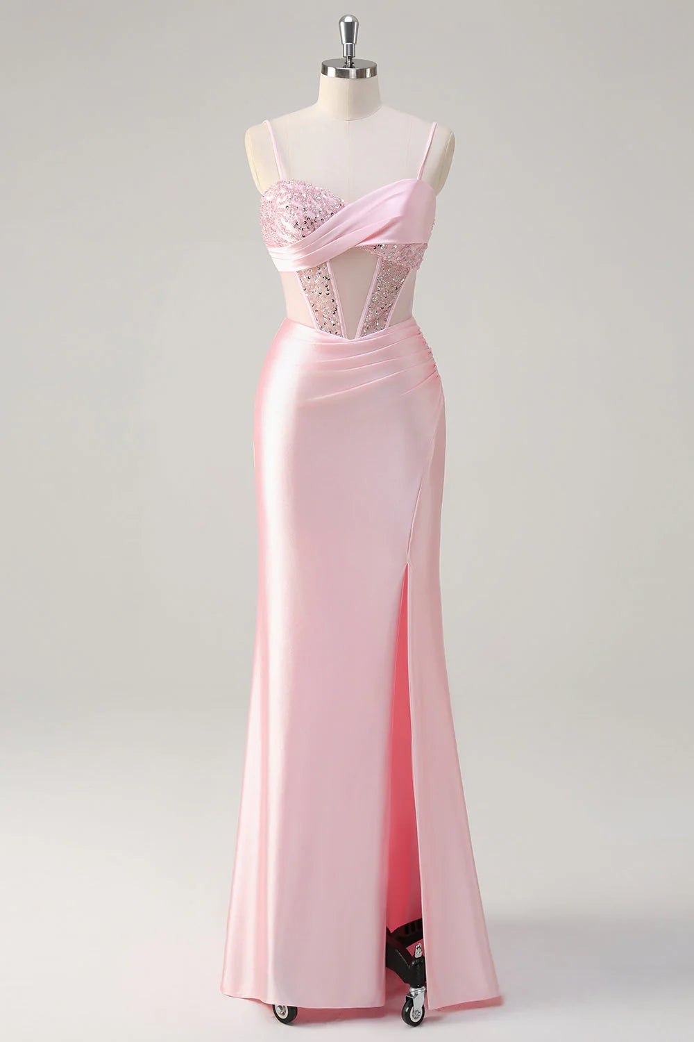 Sparkling pink mermaid transparent tight corset pleated sequin long dress with slit