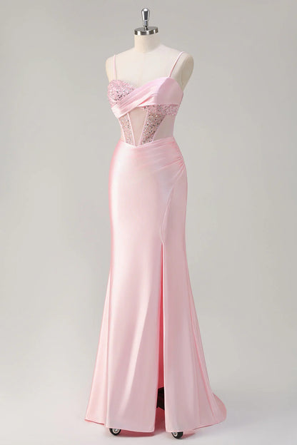 Sparkling pink mermaid transparent tight corset pleated sequin long dress with slit