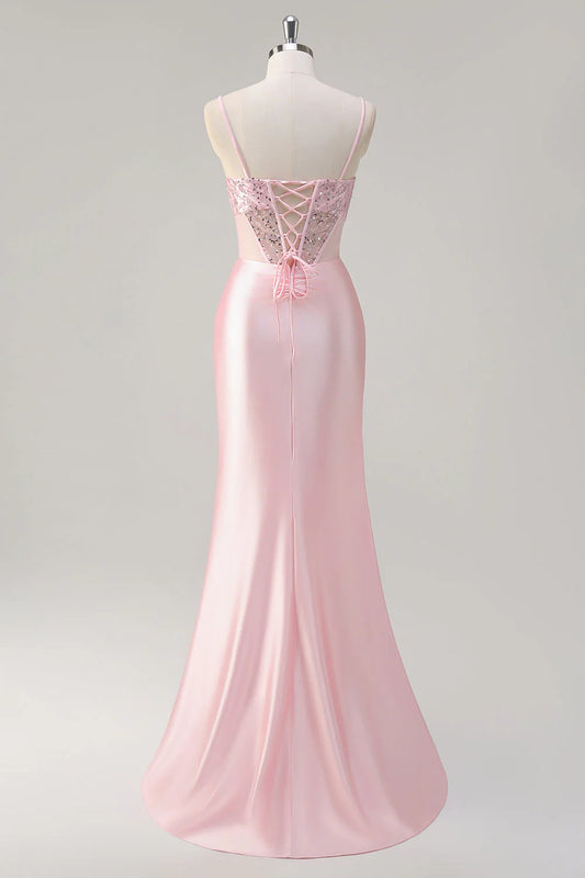 Sparkling pink mermaid transparent tight corset pleated sequin long dress with slit