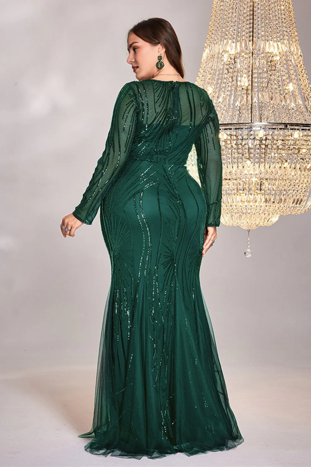 Sparkling plus size long sleeved bridal mother dress with decals