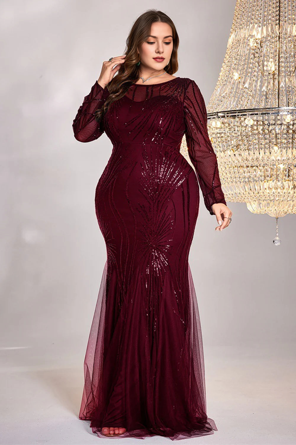 Sparkling plus size long sleeved bridal mother dress with decals