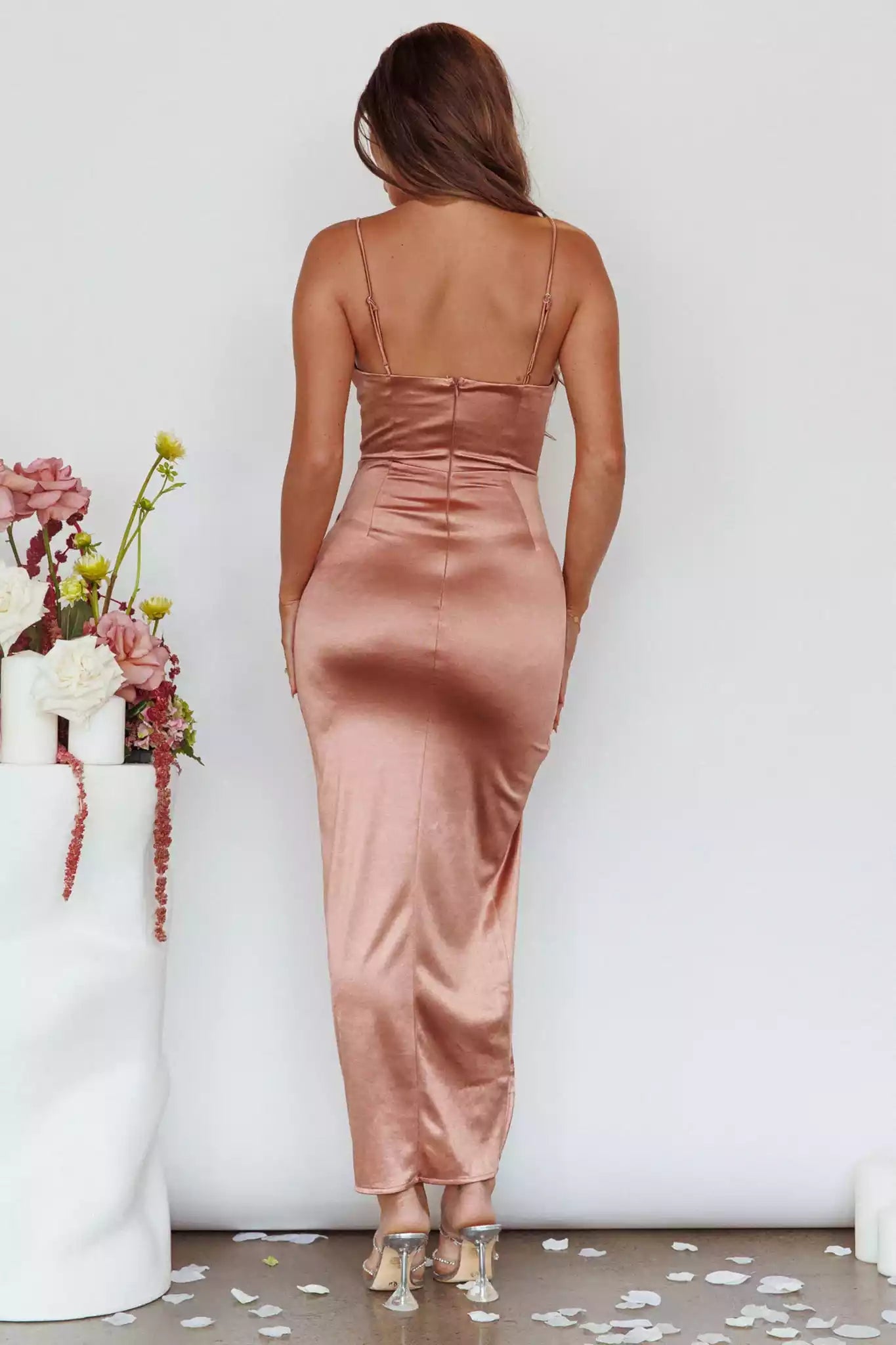 Sparkling satin with an extra long lining, adjustable shoulder straps, slit wrap, zipper at the back, Bridesmaid Dresses