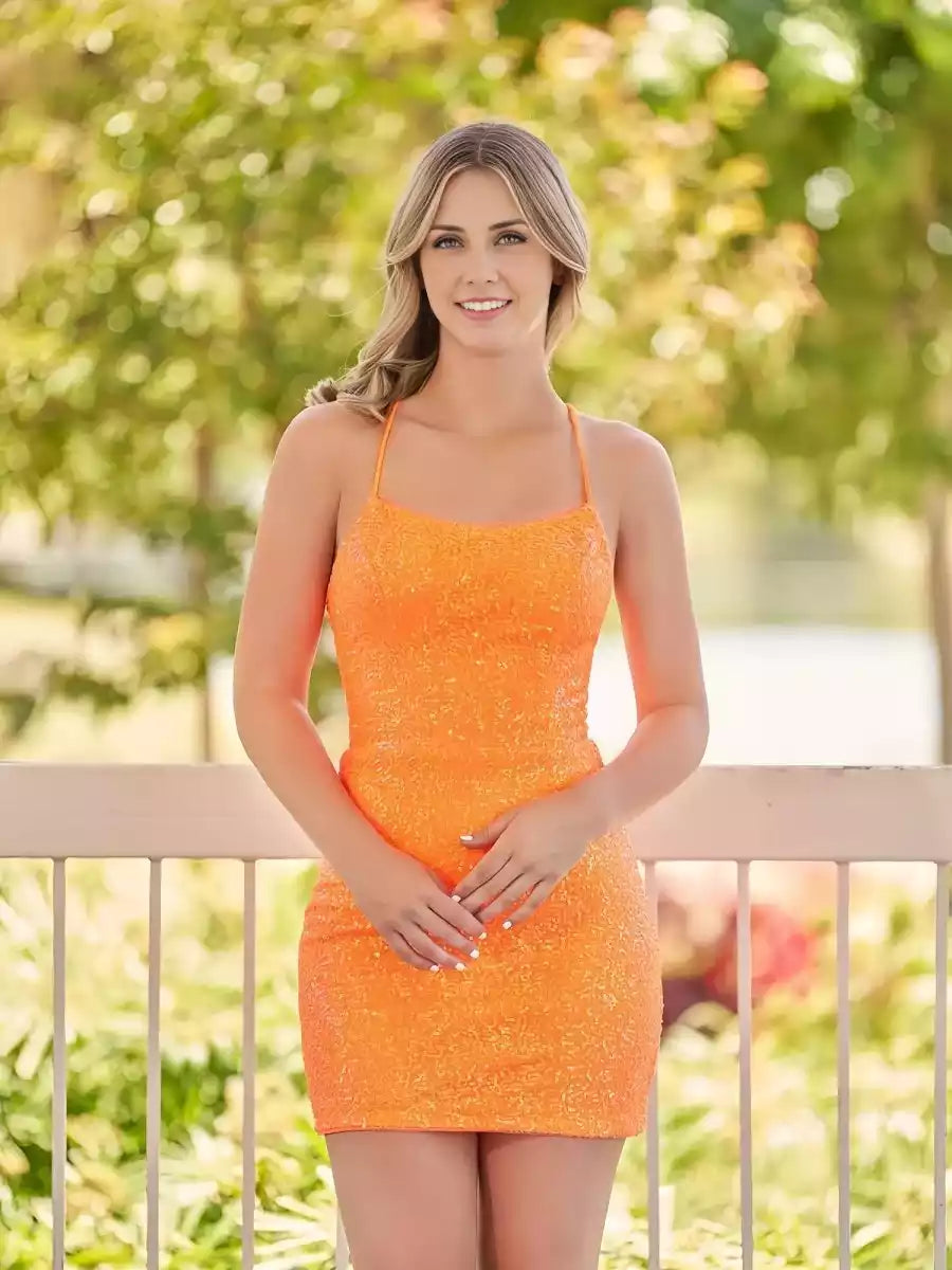 Sparkling sequined thin shoulder straps, tight fitting style, round neck, sleeveless, cross tied back, Homecoming Dresses