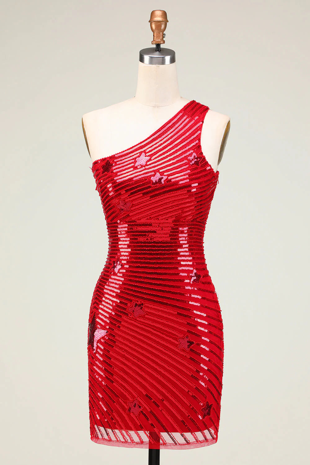 Sparkling single shoulder sequined short skirt with star pattern