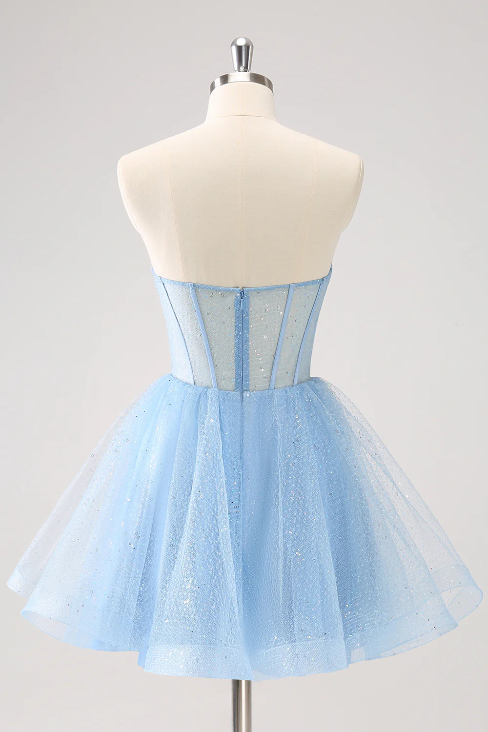 Back view of the sky blue sequin A-line homecoming dress.