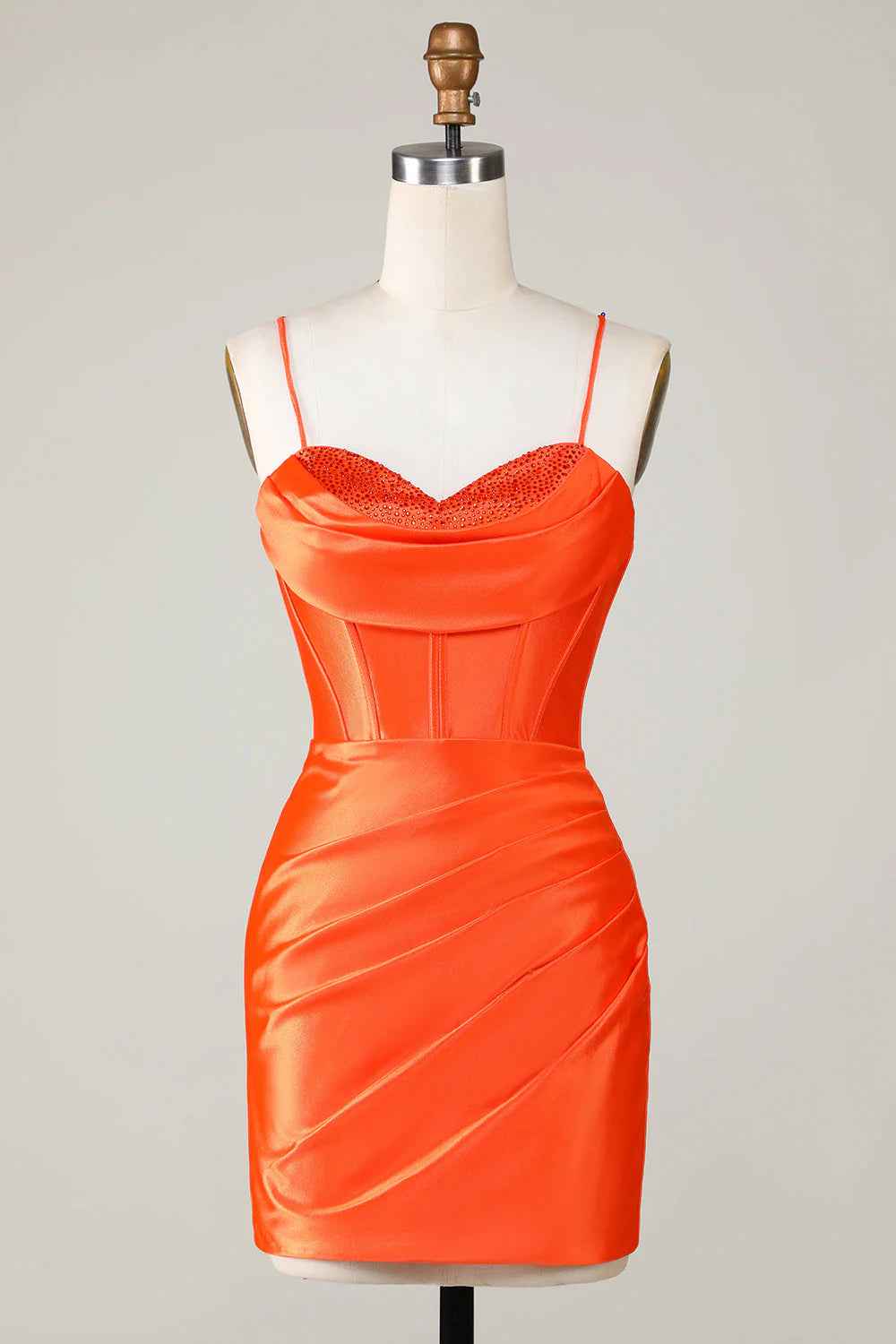 Sparkly orange beaded corset short homecoming dress, front view.