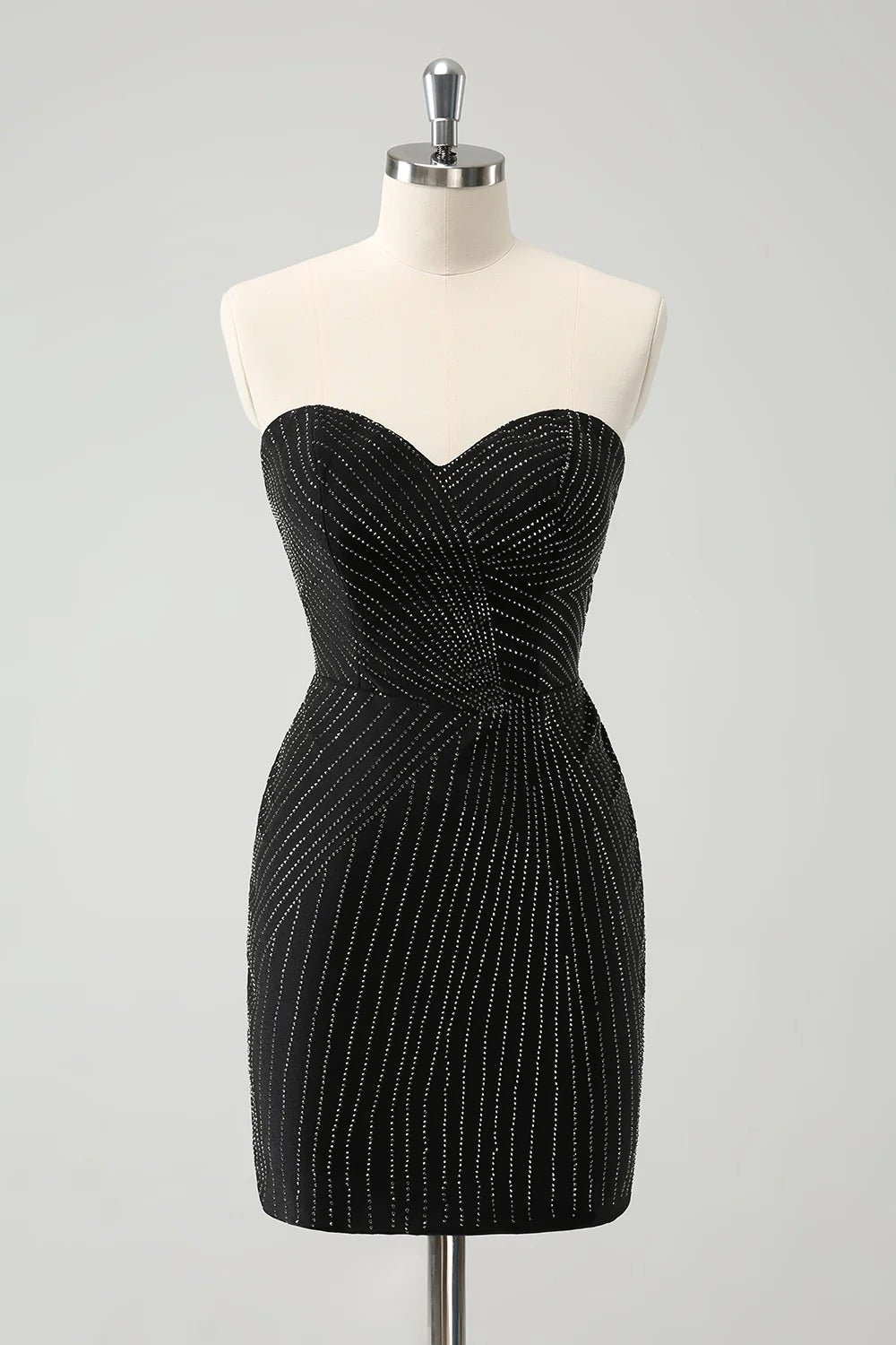 Sparkly black strapless short homecoming dress with beading, front view.