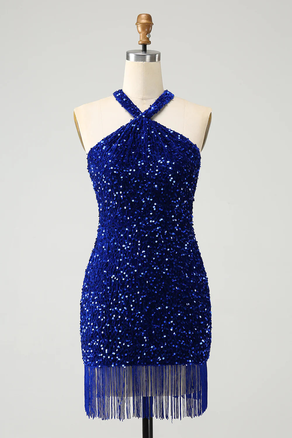 Sparkly royal blue bodycon halter sequin short homecoming dress with tassels.