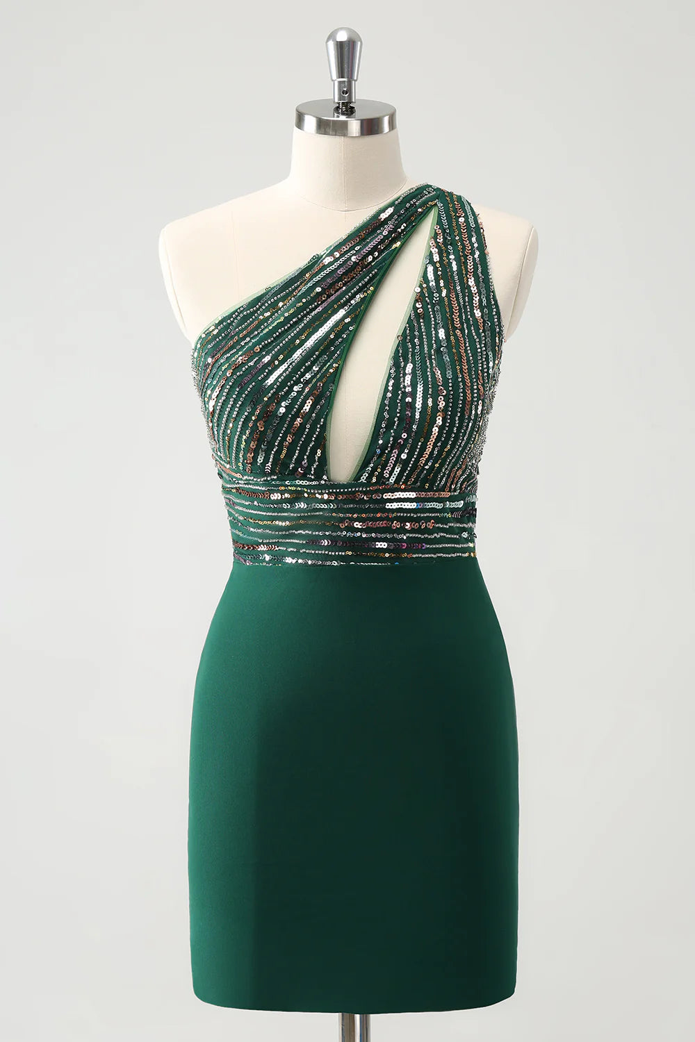 Sparkly dark green one-shoulder bodycon dress with sequins.