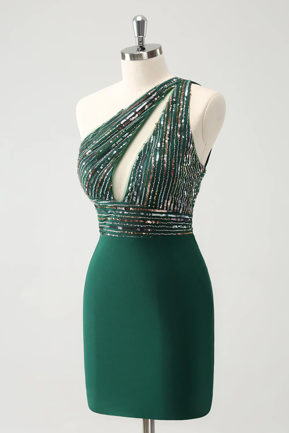 Back view of dark green one-shoulder sequin homecoming dress.