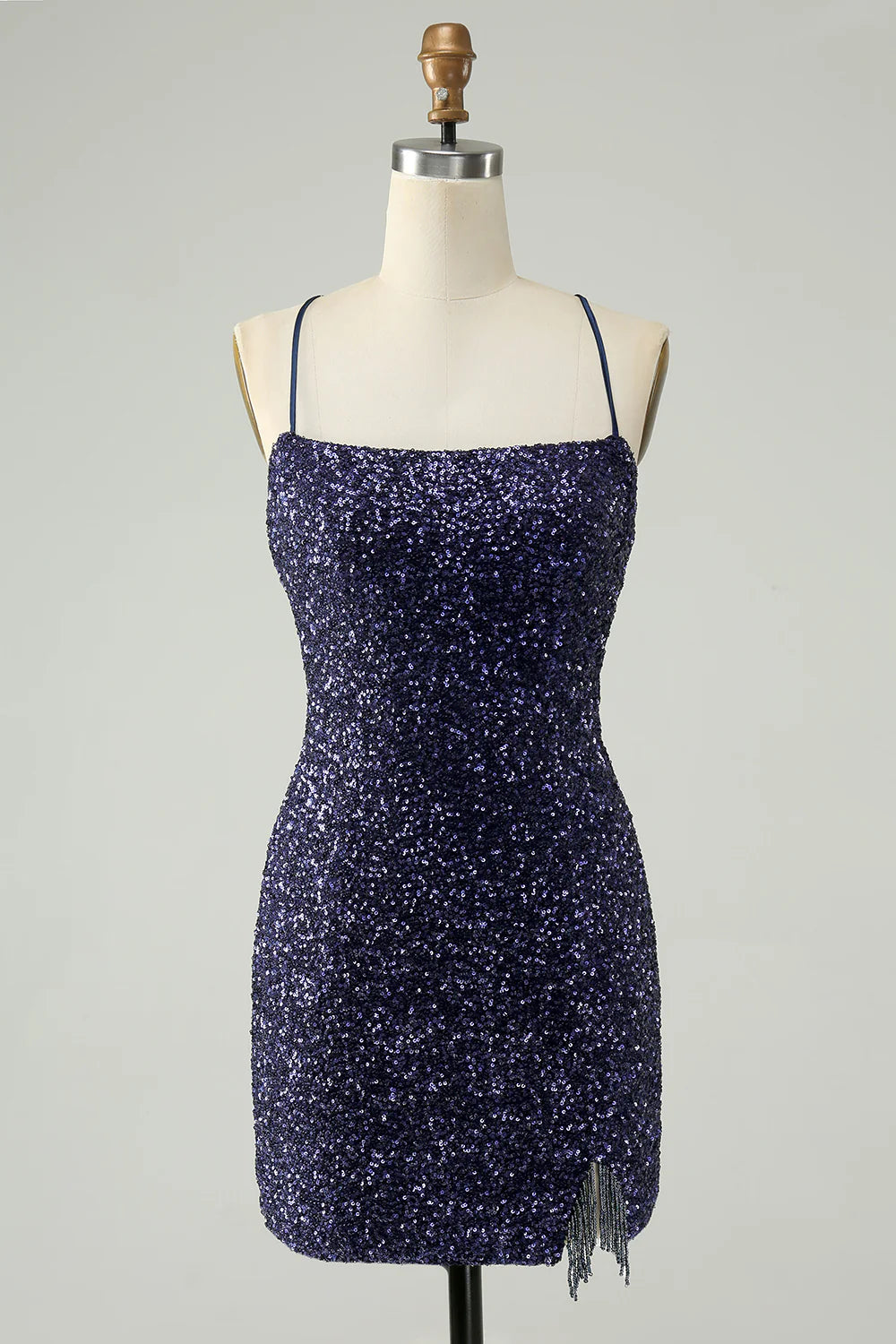 Sparkly navy bodycon homecoming dress with spaghetti straps and sequins.