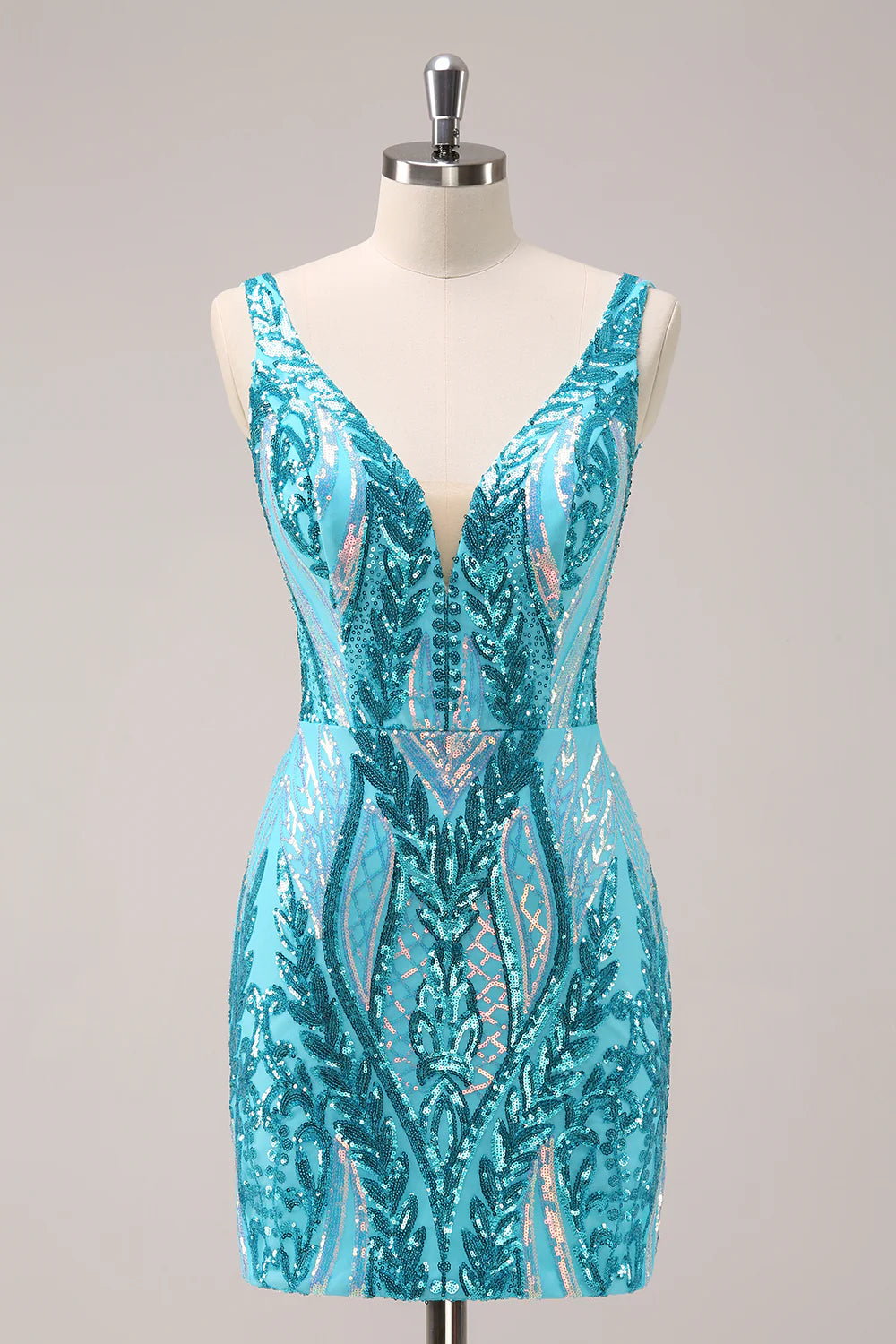 Sparkly blue bodycon homecoming dress with V-neck and sequins, front view.