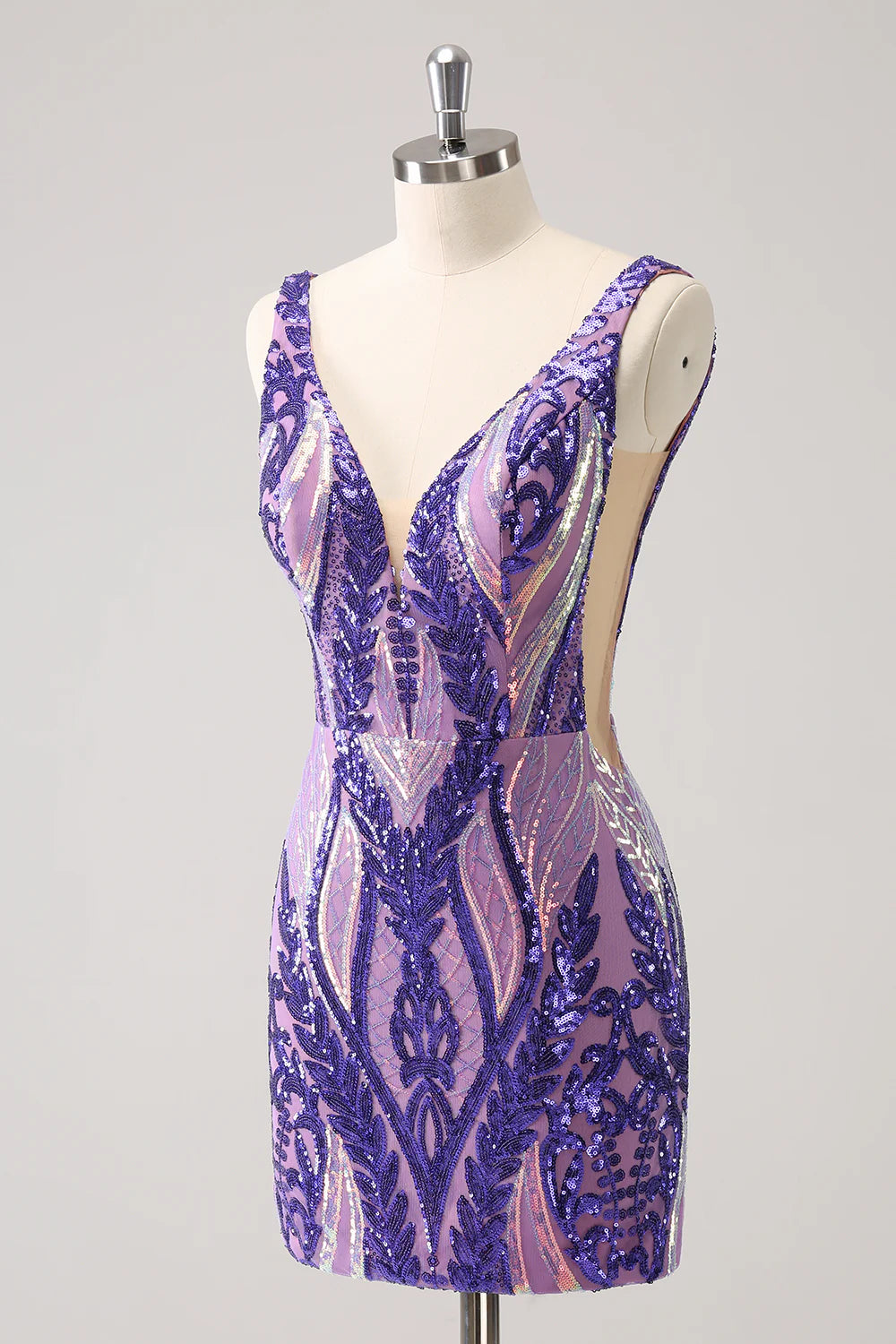 Sparkly dark purple bodycon homecoming dress with V-neck and sequins.