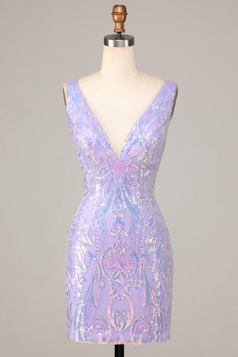 Lilac sequin bodycon V-neck short homecoming dress.