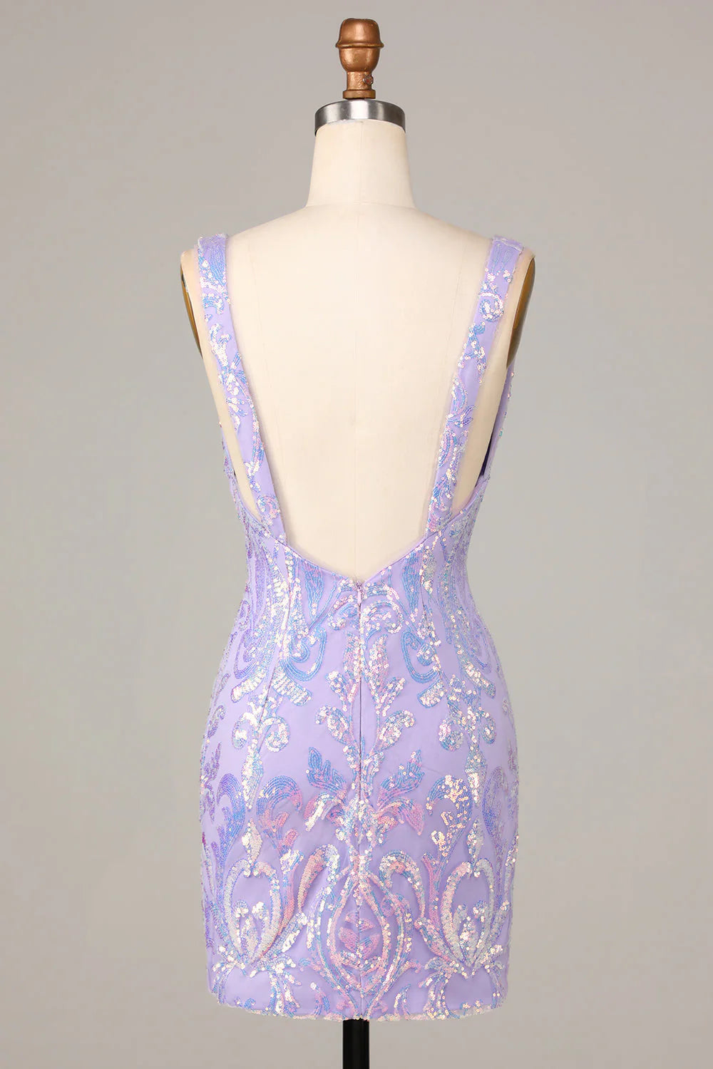 Back view of a sparkly lilac short bodycon dress.