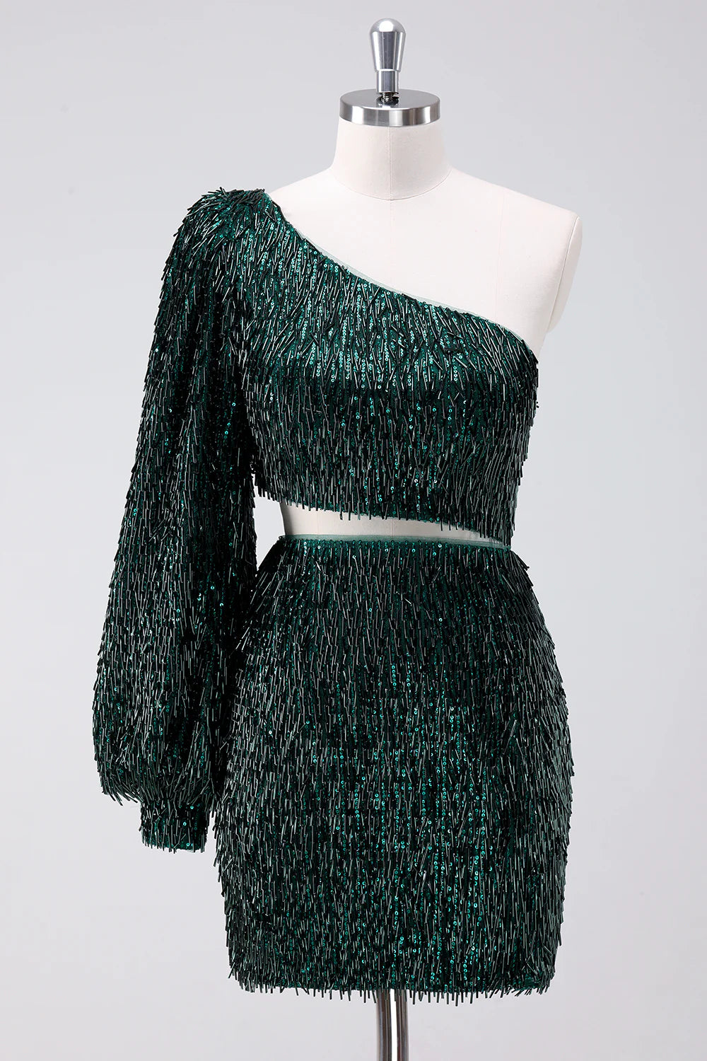 Full view of the dark green one-shoulder short homecoming dress, showcasing its A-line silhouette.