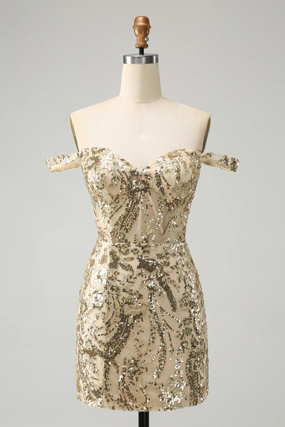 Model wearing a sparkly golden bodycon off-shoulder homecoming dress with sequins.